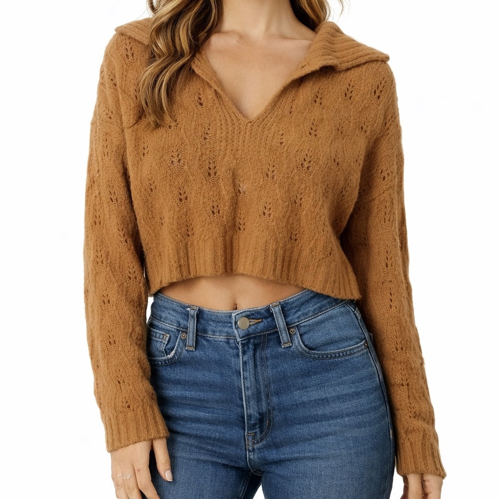Pink Rose Camel Brown Open Knit Collared Cropped Sweater - Size M